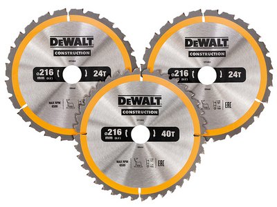 Dewalt DT1962 Construction Circular Saw Blade 3 Pack 216 x 30mm 2 x 24T 1 x 40T (5035048095799) DEWDT1962QZ