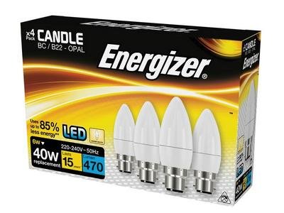 Energizer LED BC (B22) Opal Candle Non-Dimmable Bulb, Warm White 470 lm 5.2W (Pack 4) (5050028174943) ENGS14331