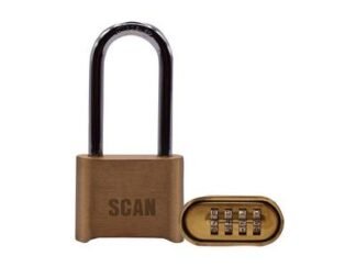 Scan Brass Combination Padlock 50mm Long Shackle (5023969008004) SCAPLBCOMLS