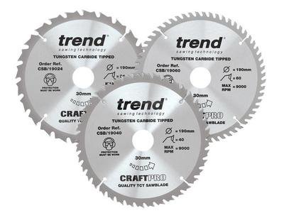 Trend CraftPro Saw Blade 190 x 30mm x 24T/40T/60T (Pack 3) (5027654062579) TRECSB190P3