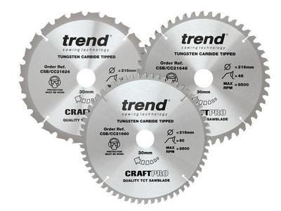 Trend CraftPro Mitre Saw Blade 216 x 30mm x 24T/48T/60T (Pack 3) (5027654062586) TRECSB216P3