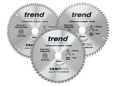 Trend CraftPro Table Saw Blade 250 x 30mm x 48T/60T/84T (Pack 3) (5027654062609) TRECSB250P3