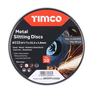 TIMCO 115 x 22.2 x 1.0 Bonded Abrasive Disc - For Cutting (5055893393970) Tin 10 Pieces 10FCMT115222