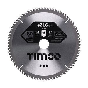 TIMCO 216 x 30 x 80T Circular Saw Blade - Fine Trim/Finishing - Extra Fine (5055893302545) Clamshell 1 Each C2163080