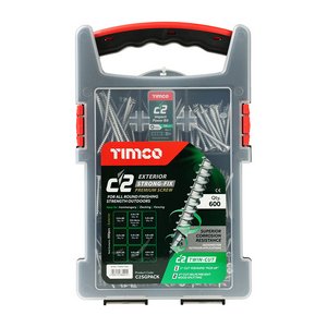 TIMCO 600pcs C2 Exterior Strong-Fix Mixed Grab Pack - PZ - Double Countersunk with Ribs - Twin-Cut - Silver (5056110882215) Tray 600 Pieces C2SGPACK