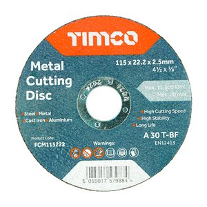 TIMCO 115 x 22.2 x 2.5 Bonded Abrasive Disc - For Cutting (5055017580323) Box 50 Pieces FCM115222