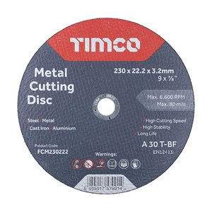 TIMCO 230 x 22.2 x 3.2 Bonded Abrasive Disc - For Cutting (5055017580354) Box 25 Pieces FCM230222
