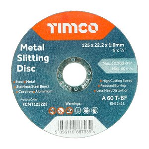 TIMCO 125 x 22.2 x 1.0 Bonded Abrasive Disc - For Cutting (5055331815330) Box 25 Pieces FCMT125222
