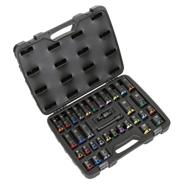 Sealey Lock- On™ Standard & Deep Impact Socket Set 34pc 1/2IN Sq Drive 6pt Metric (5054630467349) AK5636M