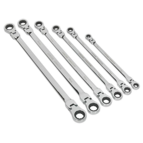 Sealey Premier Extra- Long Flexi- Head Double End Ratchet Ring Spanner Set 6pc (5051747740457) AK63832