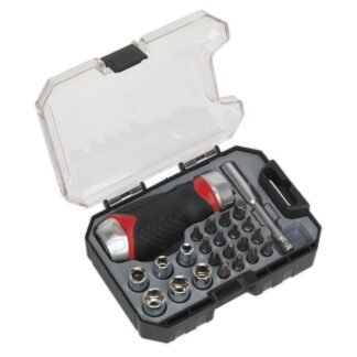 Sealey Premier Fine Tooth Stubby Ratchet Screwdriver Socket & Bit Set 24pc (5054511010954) AK64906