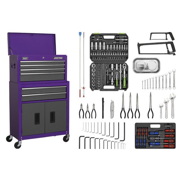Sealey American PRO® Topchest & Rollcab Combination 6 Drawer with 170pc Tool Kit - Purple/Grey (5054511123920) AP2200COMBOCP