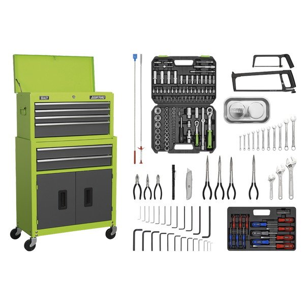 Sealey American PRO® Topchest & Rollcab Combination 6 Drawer with 170pc Tool Kit - Green/Grey (5054511123937) AP2200COMBOHV