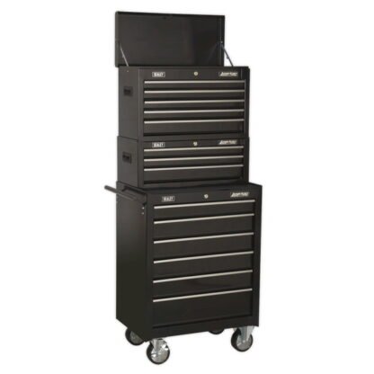 Sealey American PRO® Topchest, Mid- Box Tool Chest & Rollcab Stack 14 Drawer - Black (5054511202205) AP22BSTACK