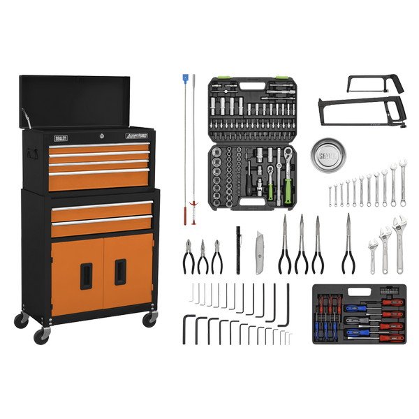 Sealey American PRO® Topchest & Rollcab Combination 6 Drawer with 170pc Tool Kit - Orange/Black (5054630271328) AP22OCOMBO