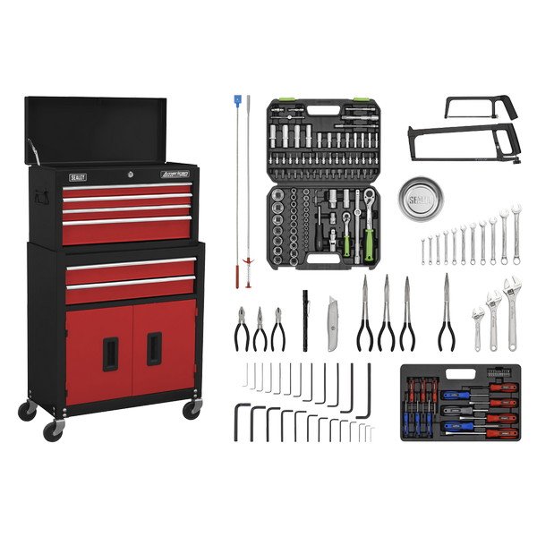 Sealey American PRO® Topchest & Rollcab Combination 6 Drawer with 170pc Tool Kit - Red/Black (5054630271304) AP22RCOMBO
