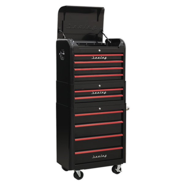 Sealey Premier™ Retro Style Topchest, Mid- Box Tool Chest & Rollcab Combination 10 Drawer - Black with Red Anodised Drawer Pulls (5054511124460) AP28COMBO2BR