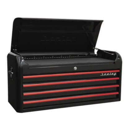 Sealey Premier™ Retro Style Wide Topchest 4 Drawer - Black with Red Anodised Drawer Pulls (5054511105780) AP41104BR