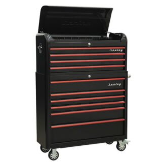Sealey Premier™ Retro Style Wide Topchest & Rollcab Combination 10 Drawer - Black with Red Anodised Drawer Pulls (5054511124477) AP41COMBOBR