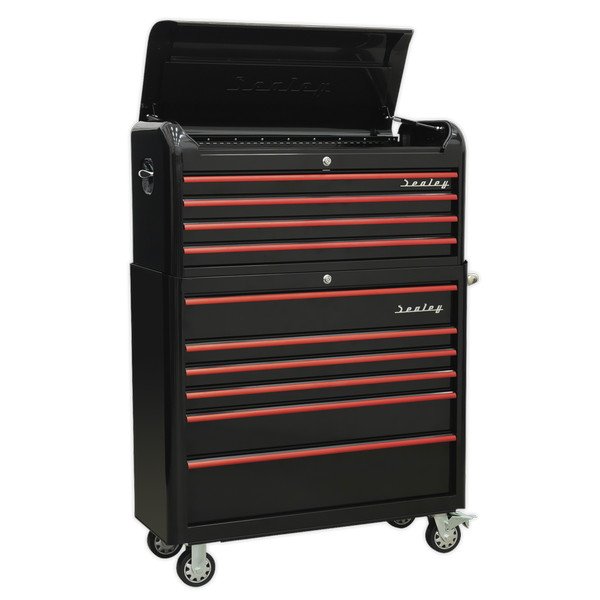 Sealey Premier™ Retro Style Wide Topchest & Rollcab Combination 10 Drawer - Black with Red Anodised Drawer Pulls (5054511124477) AP41COMBOBR