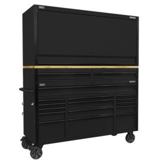 Sealey Superline PRO® Black Edition Mobile Trolley with Wooden Worktop 15 Drawer, Hutch & 2 Drawer Riser 1549mm (5054630515590) AP6215BECOMBO1