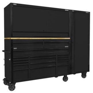 Sealey Superline PRO® Black Edition Mobile Trolley with Wooden Worktop 15 Drawer, Hutch, 2 Drawer Riser & Side Locker 1549mm (5054630515651) AP6215BECOMBO2