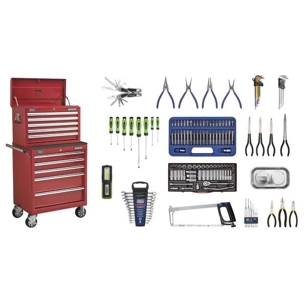 Sealey Superline PRO® Topchest & Rollcab Combination 10 Drawer with 148pc Tool Kit - Red (5051747522084) APCOMBOBBTK55