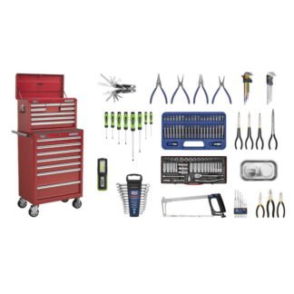 Sealey Superline PRO® Topchest & Rollcab Combination 15 Drawer with 148pc Tool Kit - Red (5051747522107) APCOMBOBBTK57