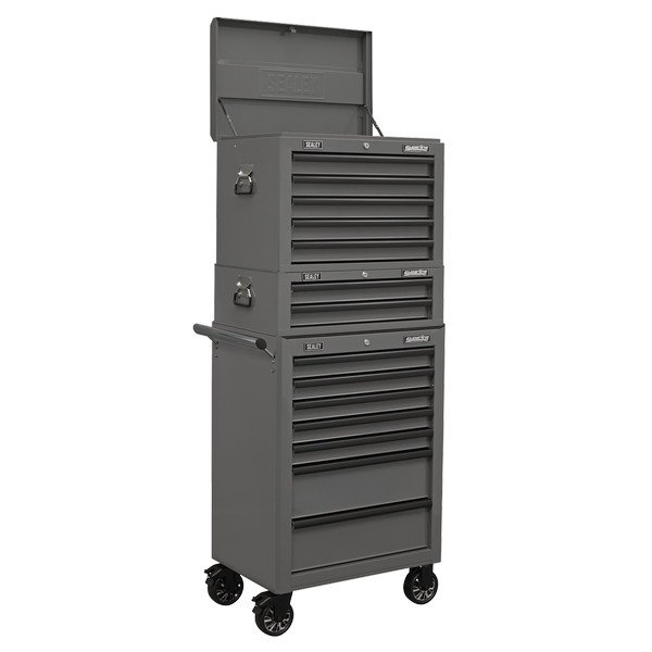 Sealey Superline PRO® Topchest, Mid- Box Tool Chest & Rollcab Combination 14 Drawer - Grey (5054630329470) APSTACKTGR