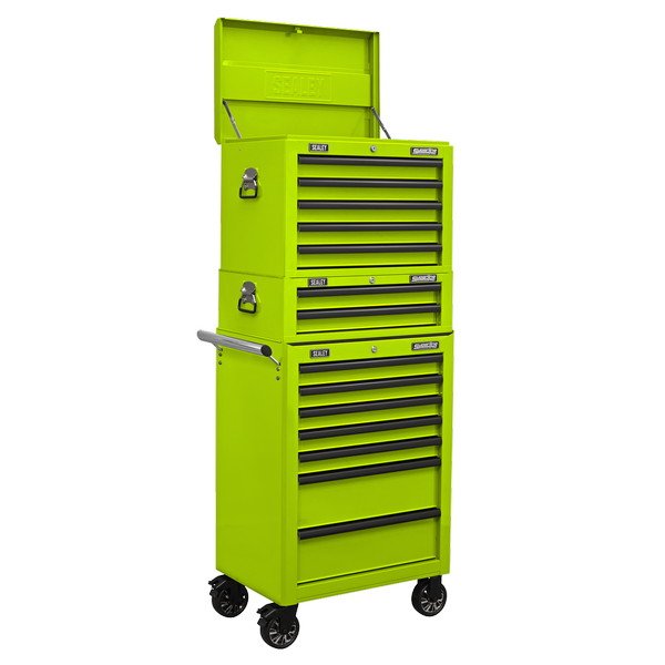 Sealey Superline PRO® Topchest, Mid- Box Tool Chest & Rollcab Combination 14 Drawer - Green (5054630329487) APSTACKTHV