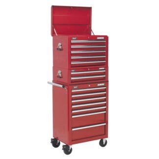 Sealey Superline PRO® Topchest, Mid- Box Tool Chest & Rollcab Combination 14 Drawer - Red (5054511124712) APSTACKTR