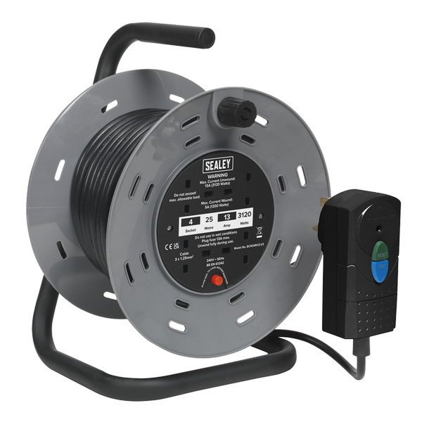 Sealey 25m Cable Reel with Thermal Trip & RCD Plug 4 x 230V (5054630366994) BCR25RCD