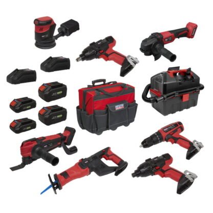 Sealey 8 x SV20 Series Cordless Power Tool Kit 20V Euro Plug - 4 Batteries (5054630637971) CP20VCOMBO4EU