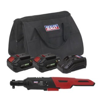 Sealey SV20 Series 3/8IN Sq Drive Cordless Ratchet Wrench Kit 60Nm 20V 4Ah - 2 Batteries (5054630113390) CP20VRWKIT