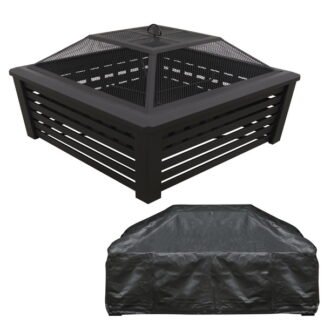 Sealey Dellonda 89cm Square Outdoor Fire Pit, Mesh Screen Lid, Black with Water- Resistant Drawstring Cover (5056514604291) DG238