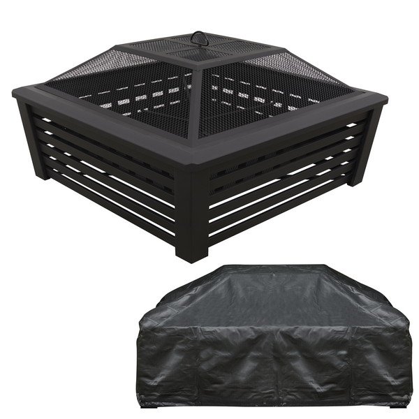Sealey Dellonda 89cm Square Outdoor Fire Pit, Mesh Screen Lid, Black with Water- Resistant Drawstring Cover (5056514604291) DG238