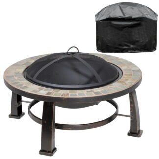Sealey Dellonda 30IN Deluxe Traditional Style Fire Pit, Fireplace, Outdoor Heater with Fire Poker , Safety Mesh Screen & Drawstring Cover - Slate Top (5056514604284) DG240