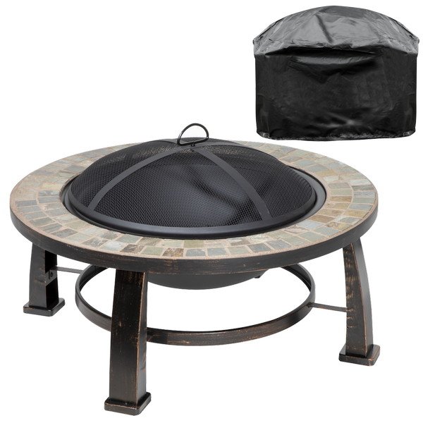 Sealey Dellonda 30IN Deluxe Traditional Style Fire Pit, Fireplace, Outdoor Heater with Fire Poker , Safety Mesh Screen & Drawstring Cover - Slate Top (5056514604284) DG240