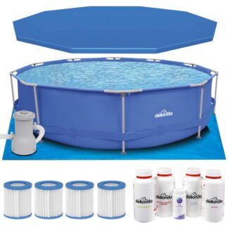 Sealey Dellonda Steel Frame Round Swimming Pool & Filter Pump with Cover, Ground Sheet, Test Strips, Starter Kit & Filters 12ft - Blue (5056514604529) DL138