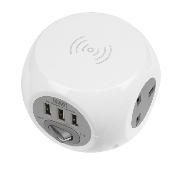 Sealey 1.4m Extension Cable Cube & Wireless Charging Pad 3 x 230V & 3 x USB (5054511777246) EL144WC