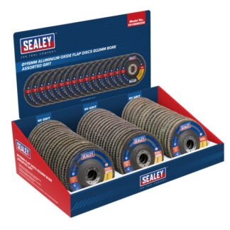Sealey 115mm Aluminium Oxide Flap Discs Assorted Grit 22mm Bore - Display Box of 60 (5054630443251) FD115EMIXDB
