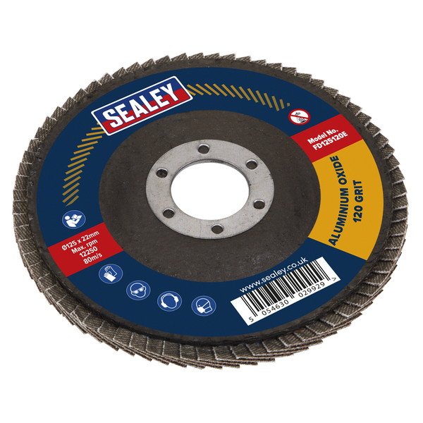 Sealey 125mm Aluminium Oxide Flap Disc 120Grit 22mm Bore (5054630029929) FD125120E