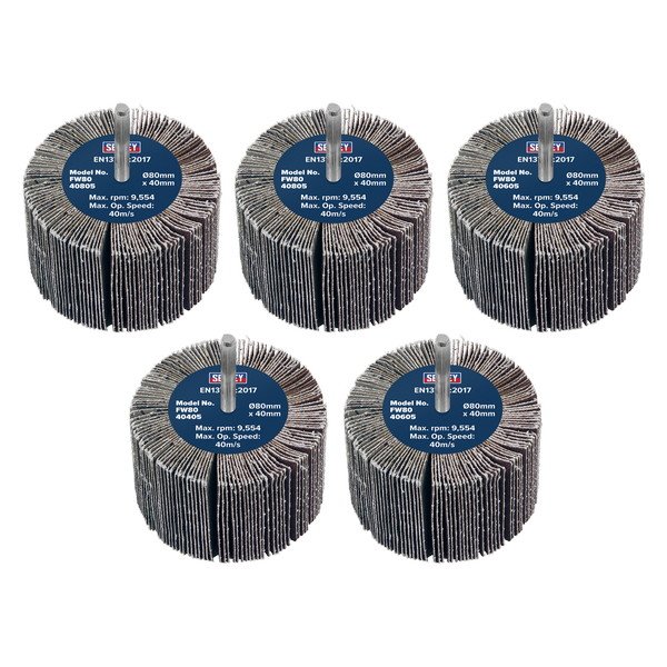 Sealey 80 x 40mm Abrasive Flap Wheel on 6mm Shaft Assorted Grit - Pack of 5 (5054630338618) FW8040ASS