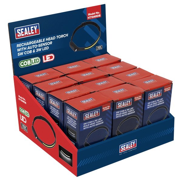 Sealey Rechargeable Head Torch with Auto- Sensor 5W COB & 3W LED - Display Box of 12 (5054630593413) HT104RDB