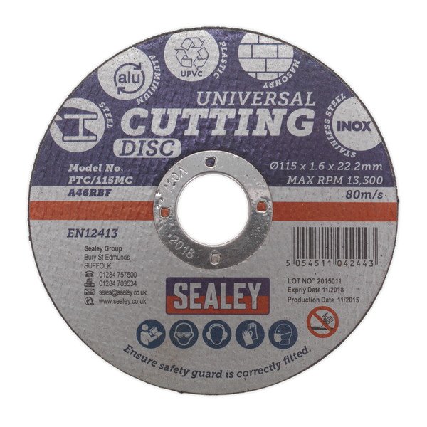 Sealey 115 x 1.6mm Universal Cutting Disc 22mm Bore (5054511042443) PTC/115MC