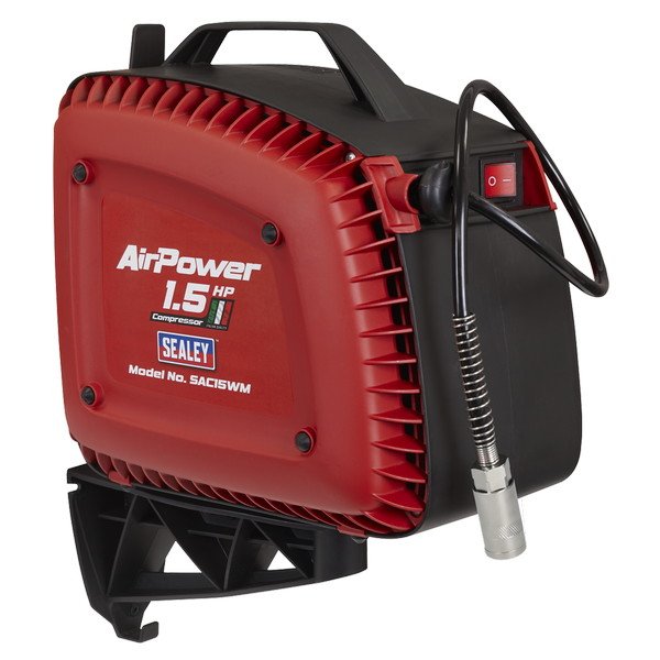 Sealey Wall Mounting Oil Free Air Compressor 1.5hp with 7m Retractable Hose Reel (5054630340468) SAC15WM