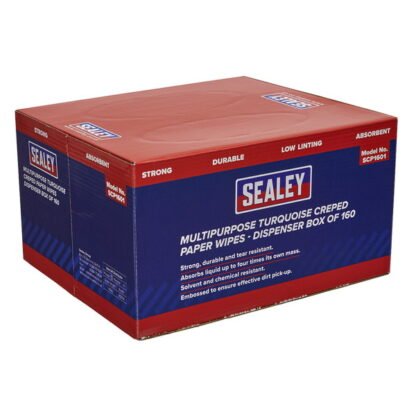 Sealey Multipurpose Creped Turquoise Paper Wipes 69gsm - Dispenser Box of 160 Sheets (5054511244151) SCP1601