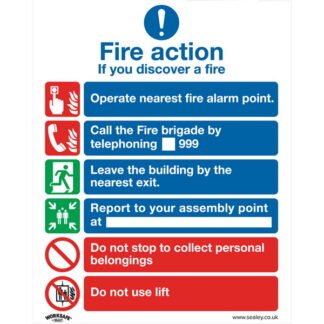 Sealey Worksafe® Fire Action With Lift Safety Sign, Self- Adhesive Vinyl - Pack of 10 (5054511990768) SS19V10