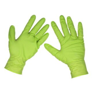 Sealey Diamond Grip Extra- Thick Nitrile Powder- Free Gloves, Hi- Vis Green, X- Large - Pack of 50 (5054630370809) SSP54XL