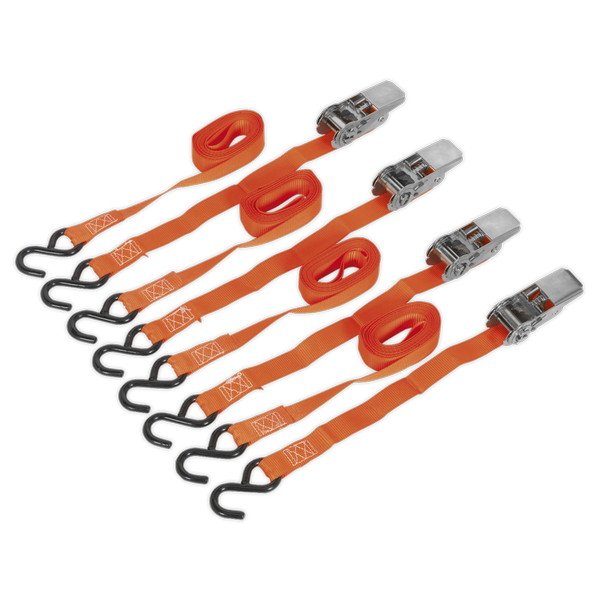 Sealey Ratchet Straps Polyester Webbing with S- Hooks 25mm x 4m 500kg Breaking Strength - 2 Pairs (5051747807402) TD0540S4